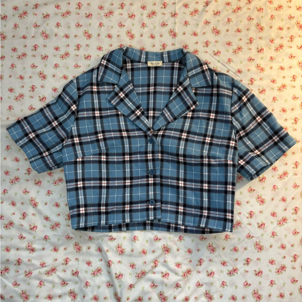 Brandy Melville Blue Plaid Short Sleeve Top